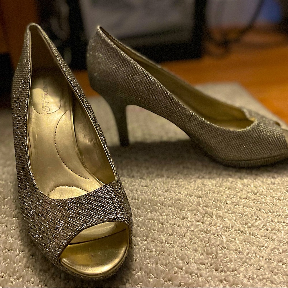 Sparkly Gold (silver tone) heels, wrong size.
